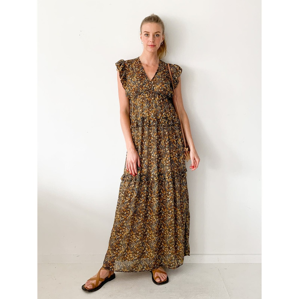 BA&SH Samantha Ruffled Printed Georgette Maxi Tiered Dress in Carbone 242/040